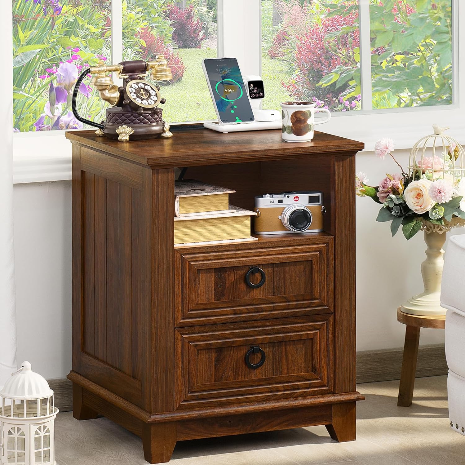 18" Farmhouse Night Stand with Charging Station, 2 Drawers End Table Dresser for Bedroom, Black Wooden Nightstand, Bed Side Table with Open Shelf, Bedside Cabinet for Living Room, Closet