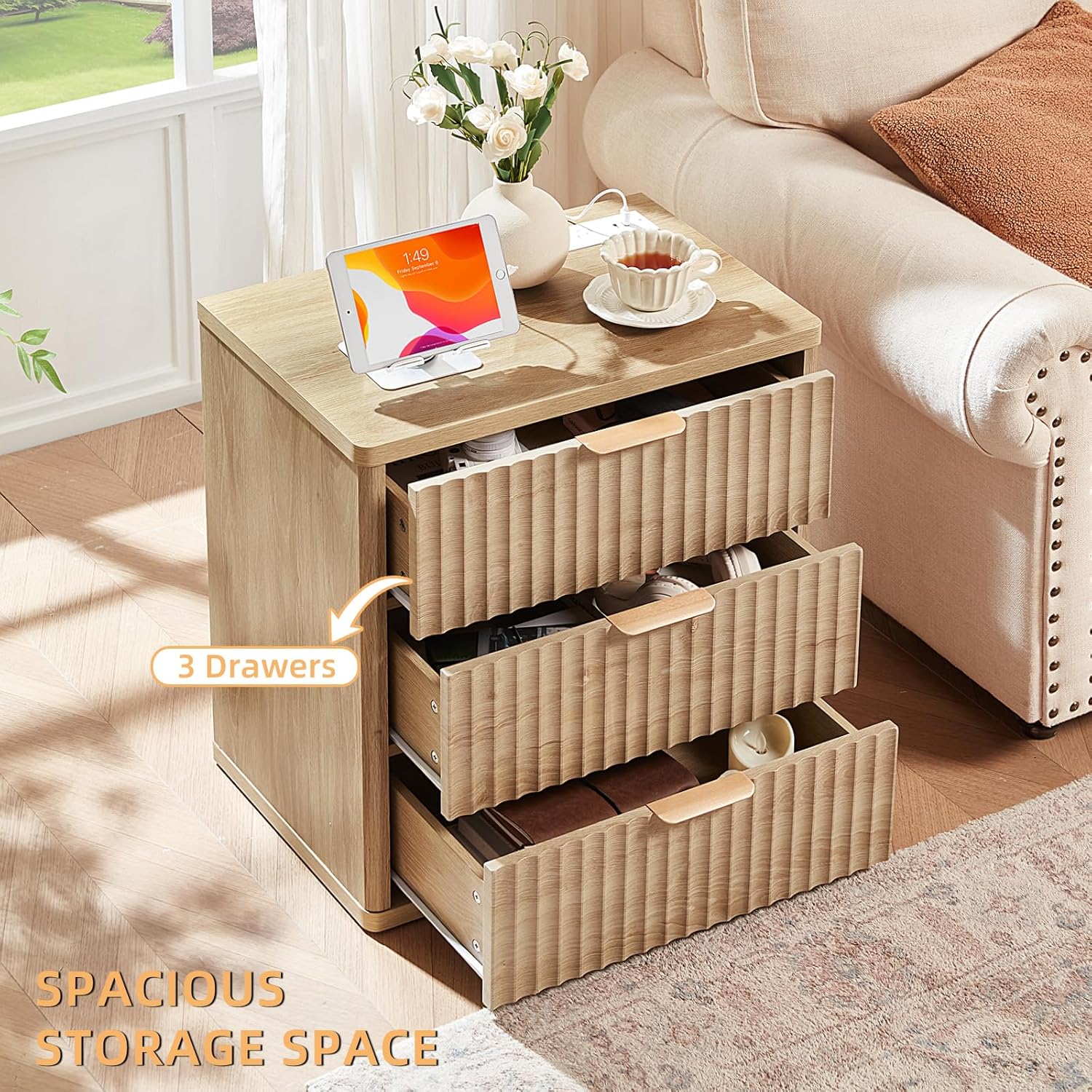 23" Wide Fluted Night Stand with Charging Station, 3 Drawers Large End Table with Storage,Nightstand Wood Bedside Tables, Farmhouse Cabinet Dresser for Bedroom,Closet