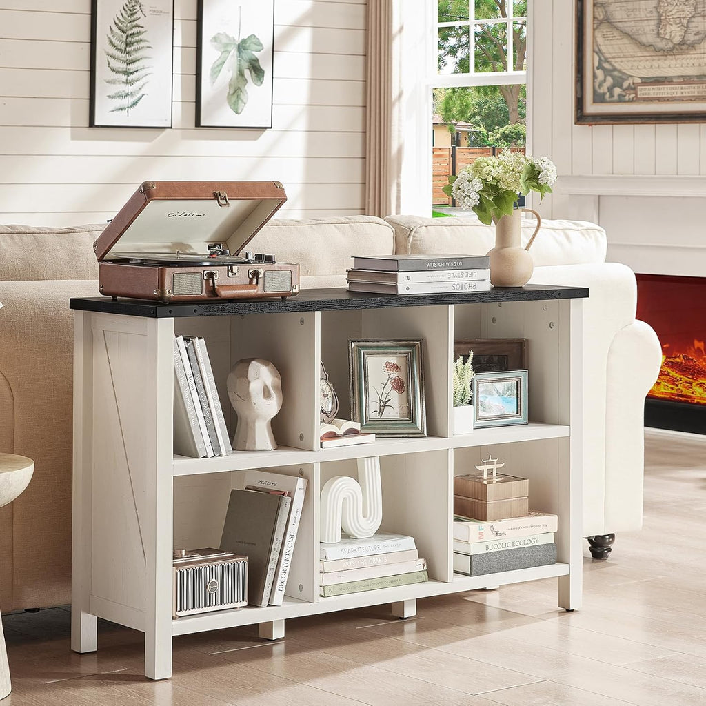 1-5 Farmhouse 6 Cube Bookshelf, Antique White & Black Wooden Storage Organizer Book Shelf, 47" Cubby Hallway Bookcase, Kids Toy Storage Cabinet, Modern Open Book Case for Living Room, Playroom