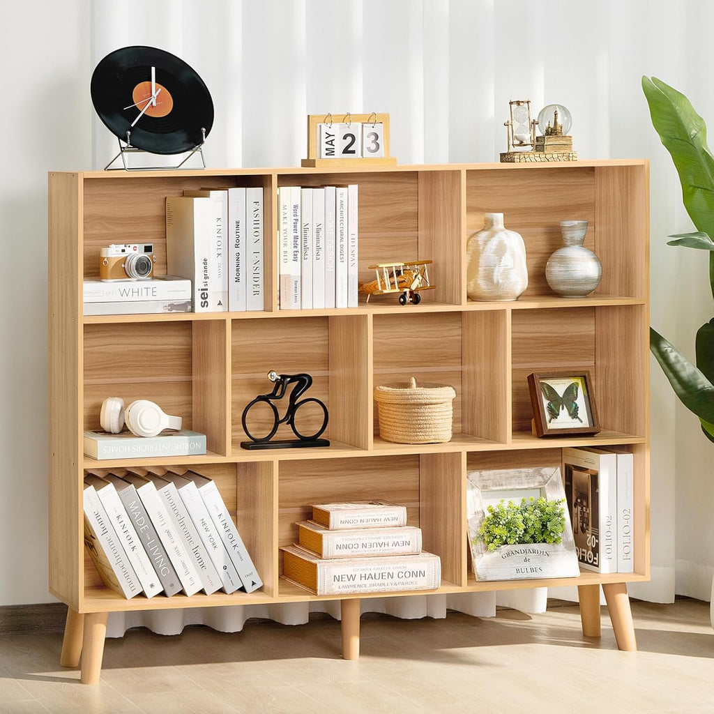 10 Cube Bookshelf,3 Tier 55.12" Wide Boho Bookcase with Legs,Mid-Century Wood Bookshelves Storage,Natural Large Book Case,Freestanding Organizer Display Shelf for Bedroom,Living Room,Office