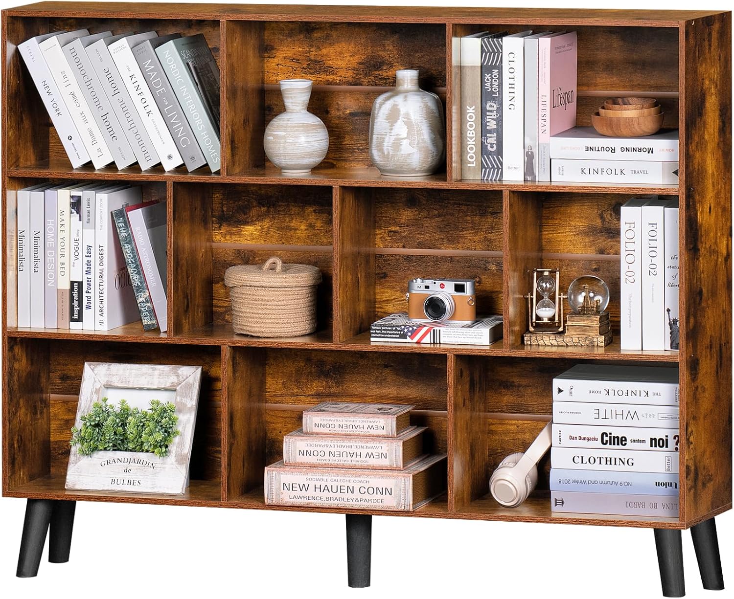 10 Cube Bookshelf,3 Tier 55.12" Wide Boho Bookcase with Legs,Mid-Century Wood Bookshelves Storage,Natural Large Book Case,Freestanding Organizer Display Shelf for Bedroom,Living Room,Office