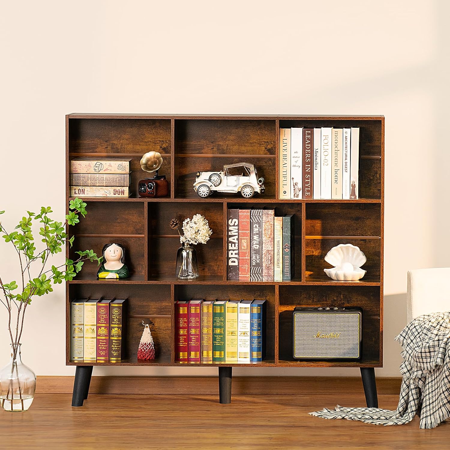 10 Cube Bookshelf,3 Tier Modern Wide Bookcase with Legs,Mid-Century Wood Bookshelves Storage，Natural Large Book Case,Freestanding Organizer Display Shelf for Bedroom,Living Room,Office