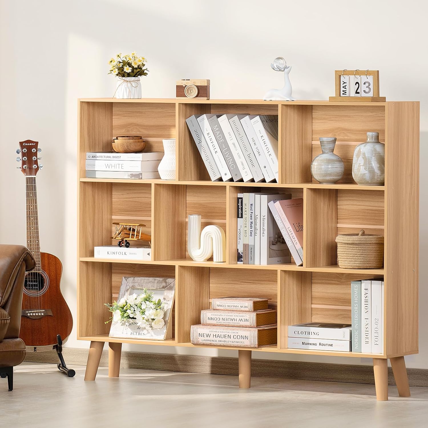 10 Cube Bookshelf,3 Tier 55.12" Wide Boho Bookcase with Legs,Mid-Century Wood Bookshelves Storage,Natural Large Book Case,Freestanding Organizer Display Shelf for Bedroom,Living Room,Office