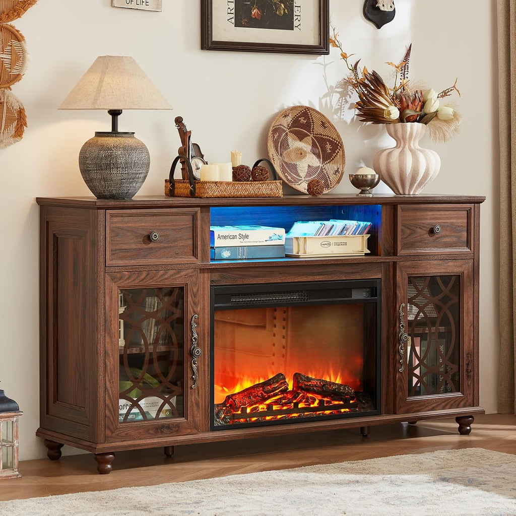 Farmhouse Fireplace TV Stand, 59" Entertainment Center with Electric Fireplace & LED Lights for TVs up to 65'', Glass Door Fire Place TV Stands for Living Room, Media Console w/Drawers,Brown