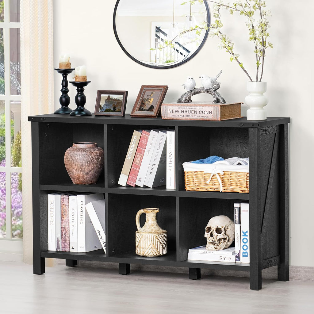 1-2 6 Cube Bookcase, Farmhouse Wood Low Storage Organizer Book Shelf, Black 47" Horizontal Console Bookshelf with Legs, Hallway Book Case for Entryway, Display Cabinet for Living Room, Office