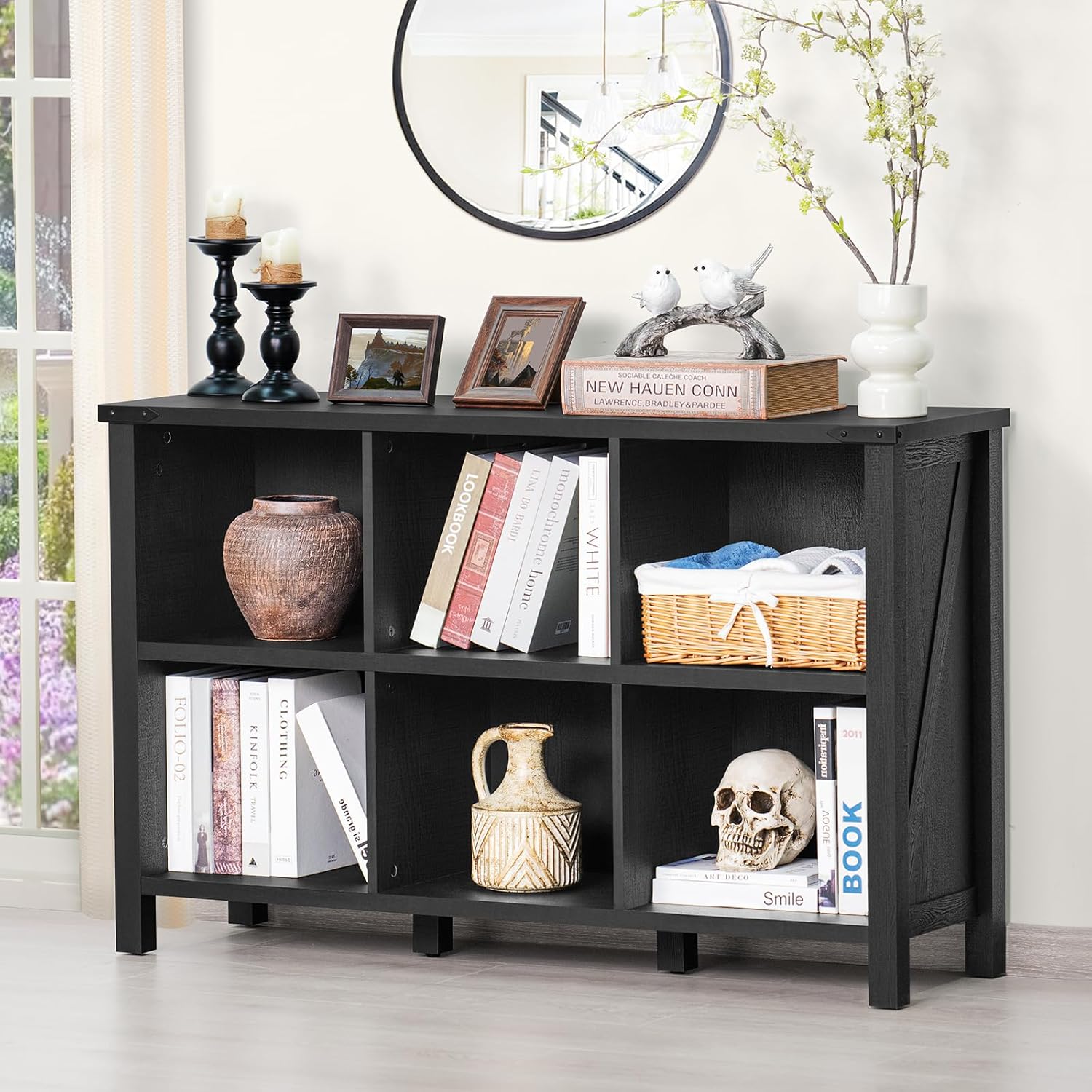 1-2 6 Cube Bookcase, Farmhouse Wood Low Storage Organizer Book Shelf, Black 47" Horizontal Console Bookshelf with Legs, Hallway Book Case for Entryway, Display Cabinet for Living Room, Office