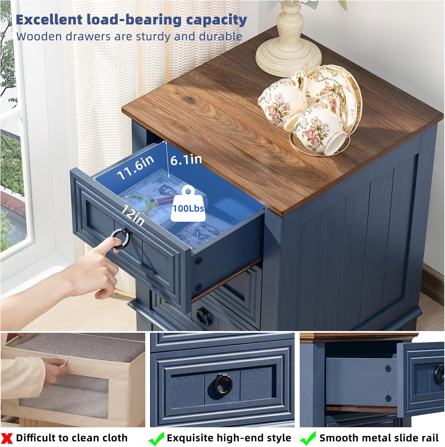 18" Farmhouse Night Stands Set of 2 with 3 Drawers, Wood Bedside End Table, Natural Nightstand, Bed Side Table Cabinet with Metal Handle for Bedroom Living Room, Closet
