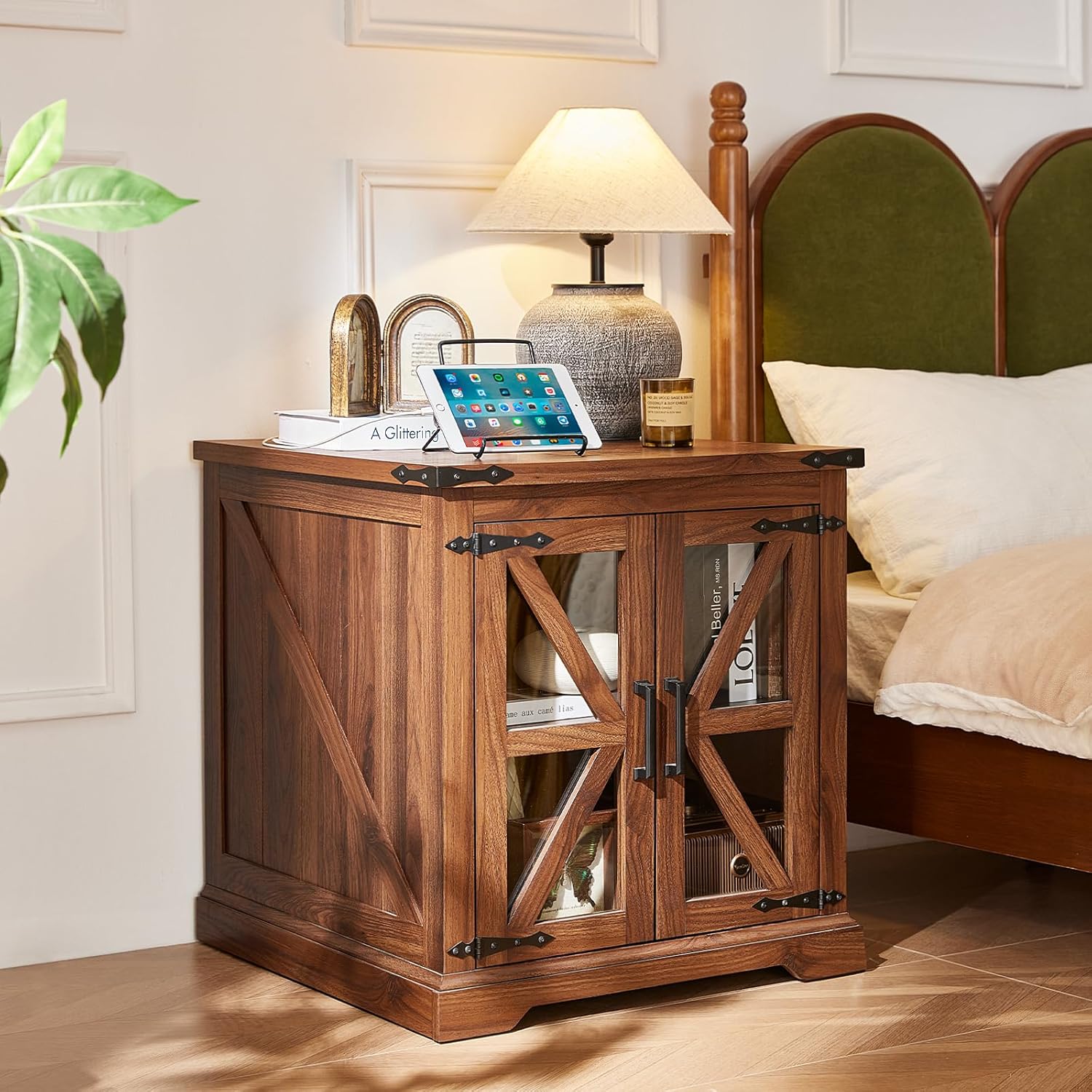 24" End Table with Charging Station, Farmhouse Night Stand with Glass Barn Door, White Nightstands with Adjustable Storage Shelf, Large Wood Square Bed Side Table for Living Room,Bedroom