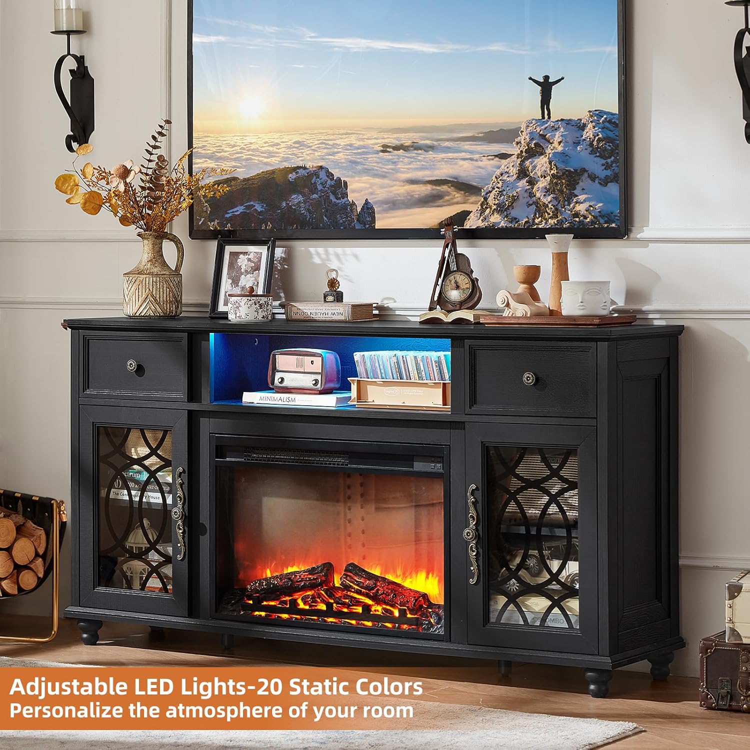 Farmhouse Fireplace TV Stand, 59" Entertainment Center with Electric Fireplace & LED Lights for TVs up to 65'', Glass Door Fire Place TV Stands for Living Room, Media Console w/Drawers