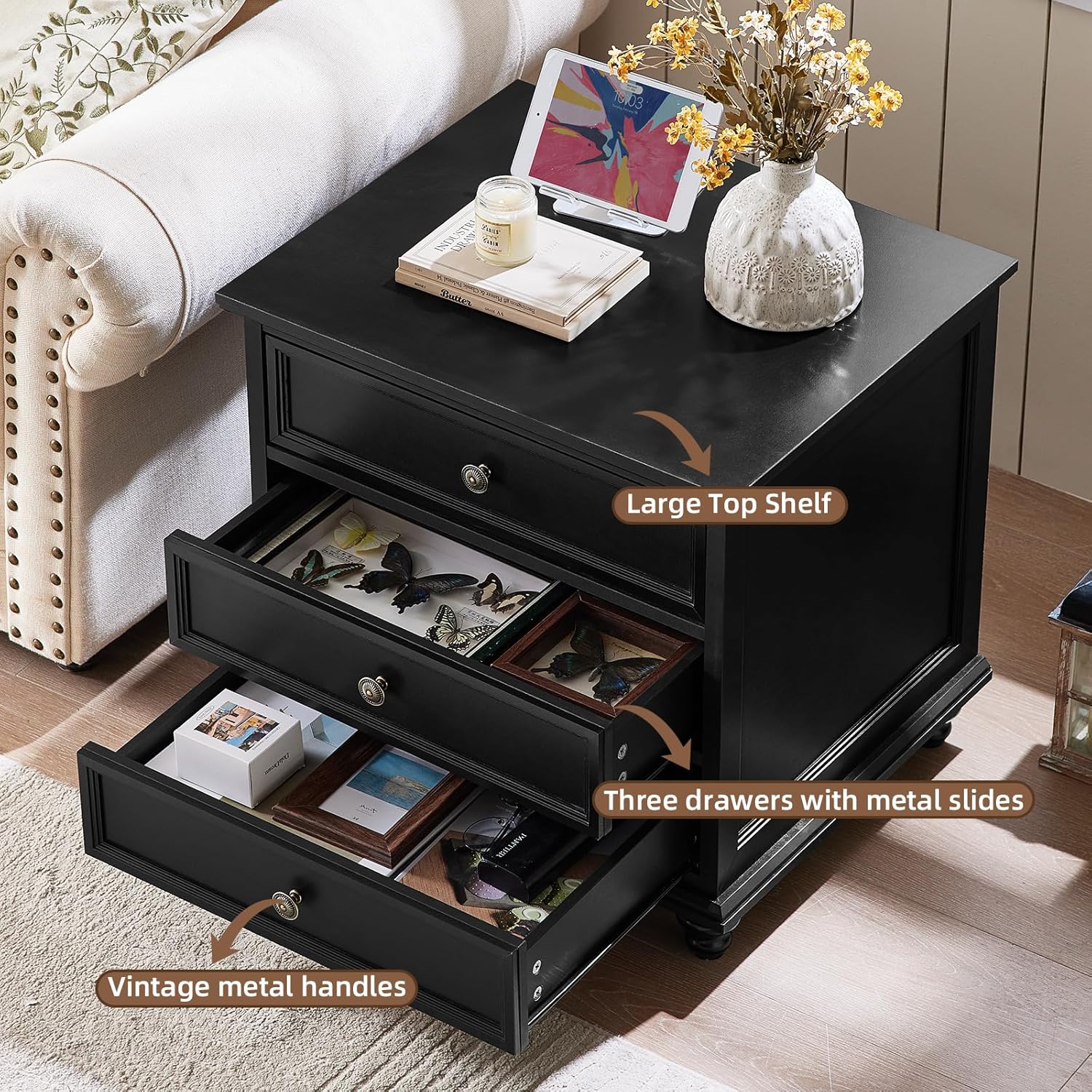 24" Wide Farmhouse Night Stand,Large End Table with 3 Drawers & Metal Handle,Dresser for Bedroom, Wood Bed Side Table Chest of Drawers Cabinet, Retro Brown Nightstand for Living Room,Closet