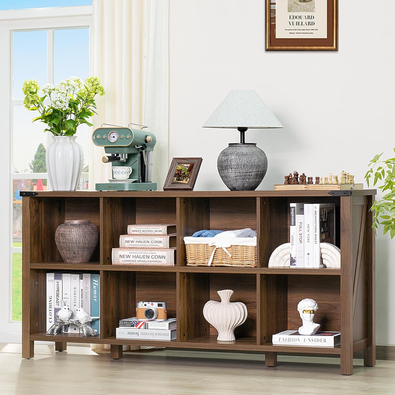 2-3 8 Cube Book Shelf, Farmhouse Wood Long Storage Organizer Bookcase, 62" Horizontal Brown Walnut Console Closet Bookshelf, Hallway TV Stand for Entryway, Display Cabinet Book Case for Office