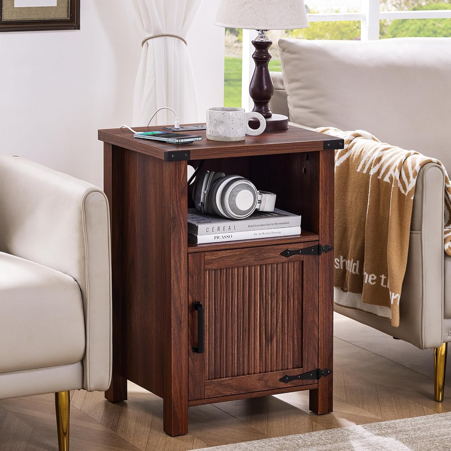 18" Farmhouse Nightstand with Charging Station,Wood Night Stand with Open Storage Shelf, Rustic Bedside End Table for Bedroom,Rectangular Modern Sofa Couch Side Table for Living Room