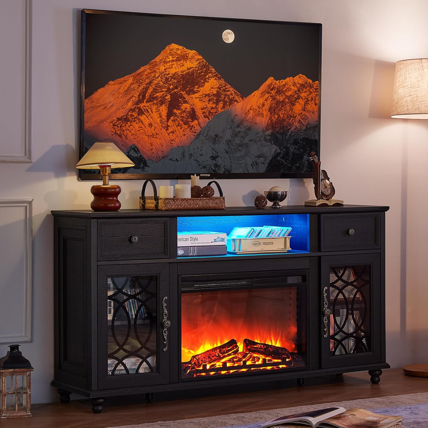 Farmhouse Fireplace TV Stand, 59" Entertainment Center with Electric Fireplace & LED Lights for TVs up to 65'', Glass Door Fire Place TV Stands for Living Room, Media Console w/Drawers