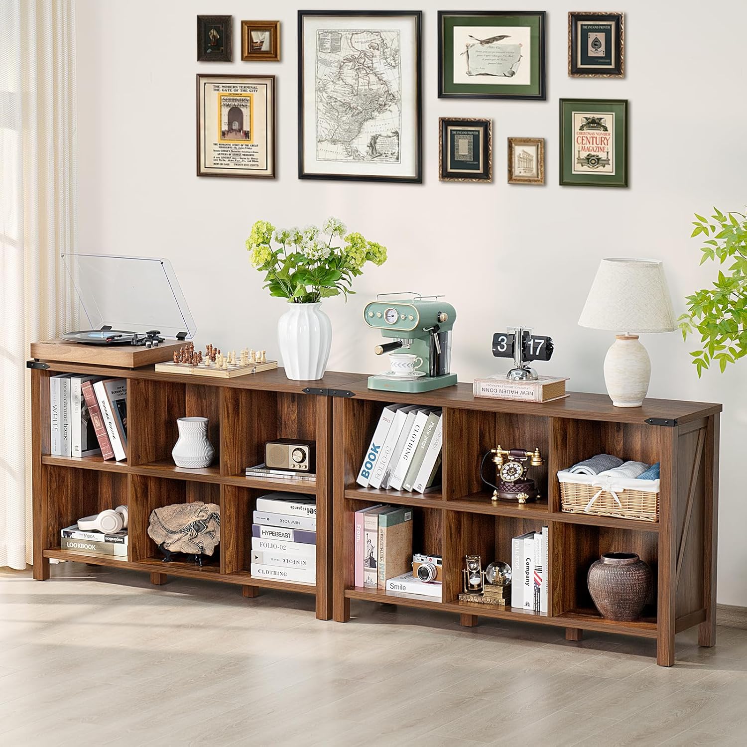 1-3 Farmhouse 6 Cube Book Shelf, Wood 3 Tier Storage Organizer Bookshelf, Brown Walnut 47" Horizontal Cubby Bookcase with Legs, Rustic Entryway Book Case, Long Display Cabinet for Bedroom, Office