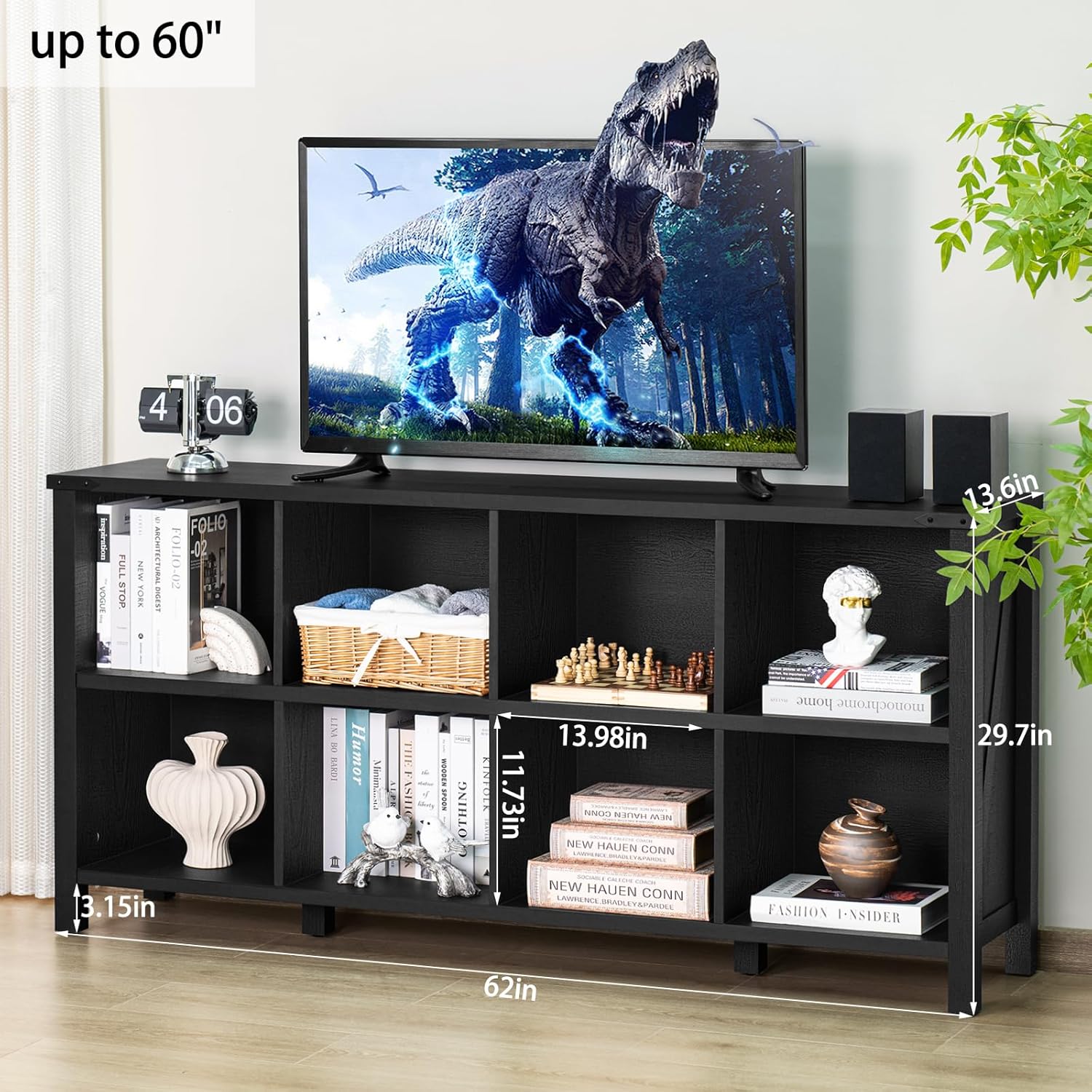 2-2 8 Cube Book Shelf, Farmhouse Wood Long Storage Organizer Bookcase, 62" Horizontal Black Console Closet Bookshelf, Hallway TV Stand for Entryway, Display Cabinet Book Case for Living Room