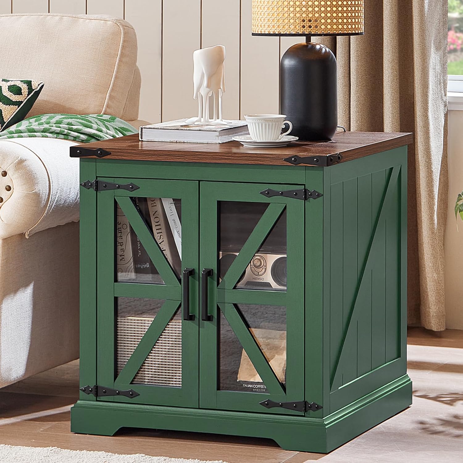 24" End Table with Charging Station, Farmhouse Night Stand with Glass Barn Door, White Nightstands with Adjustable Storage Shelf, Large Wood Square Bed Side Table for Living Room,Bedroom