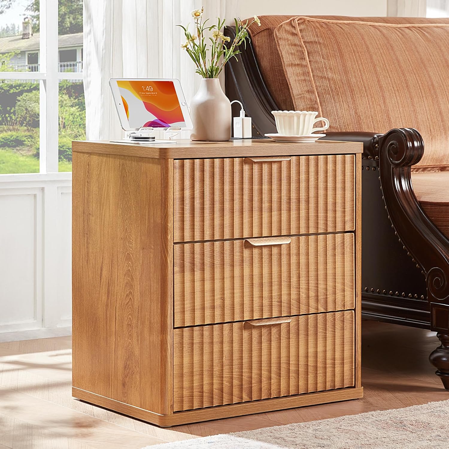 23" Wide Fluted Night Stand with Charging Station, 3 Drawers Large End Table with Storage, Navy Blue Nightstand Wood Bedside Tables, Farmhouse Cabinet Dresser for Bedroom