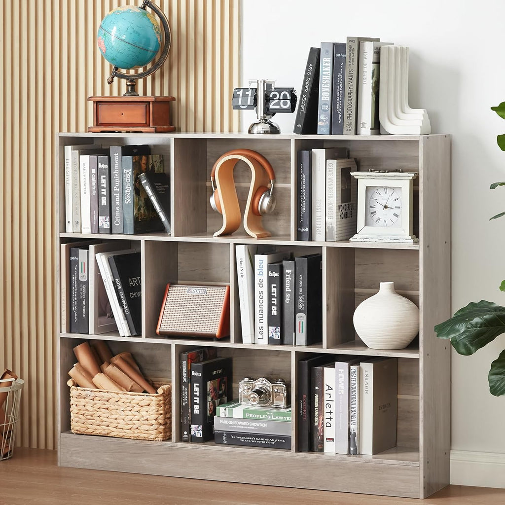 0 Cube Bookshelf with Base,3 Tier Mid-Century Modern Grey Bookcase,Standing Wide Bookshelves Storage Organizer Shelf,Rustic Wood Display Cabinet Book Shelves for Bedroom,Living Room,Office