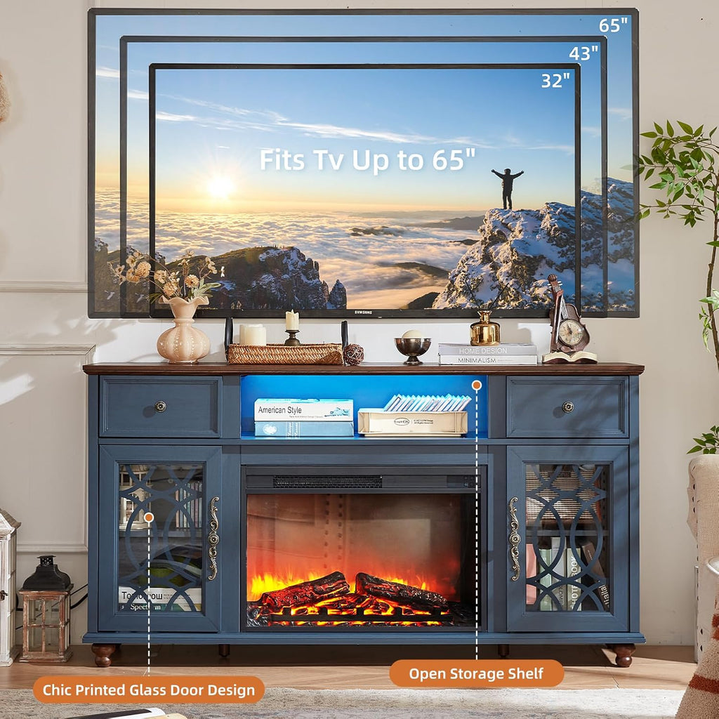 Farmhouse Fireplace TV Stand, 59" Entertainment Center with Electric Fireplace & LED Lights for TVs up to 65'', Glass Door Fire Place TV Stands for Living Room, Media Console w/Drawers, Blue