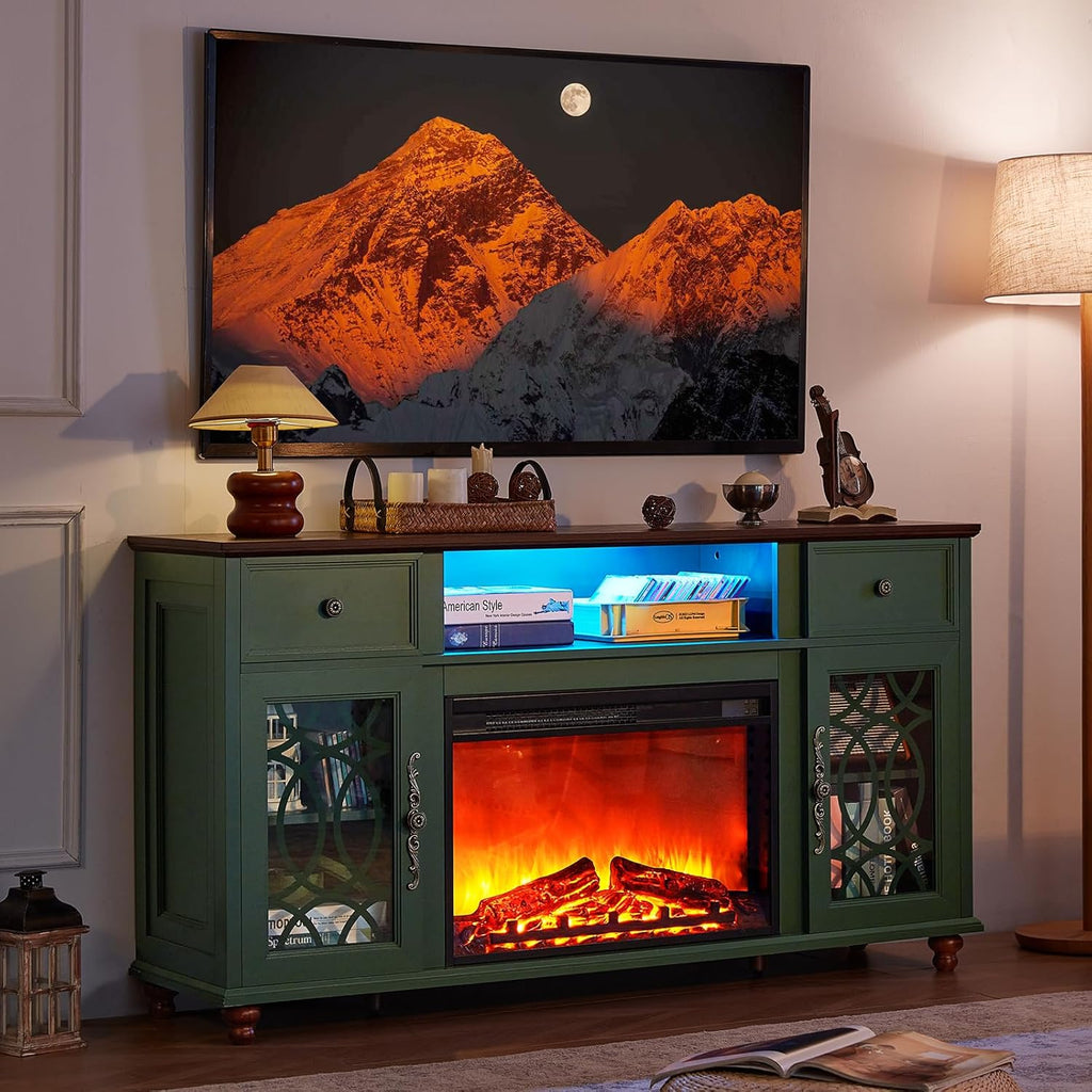 Farmhouse Fireplace TV Stand, 59" Entertainment Center with Electric Fireplace & LED Lights for TVs up to 65'', Glass Door Fire Place TV Stands for Living Room, Media Console w/Drawers,Green