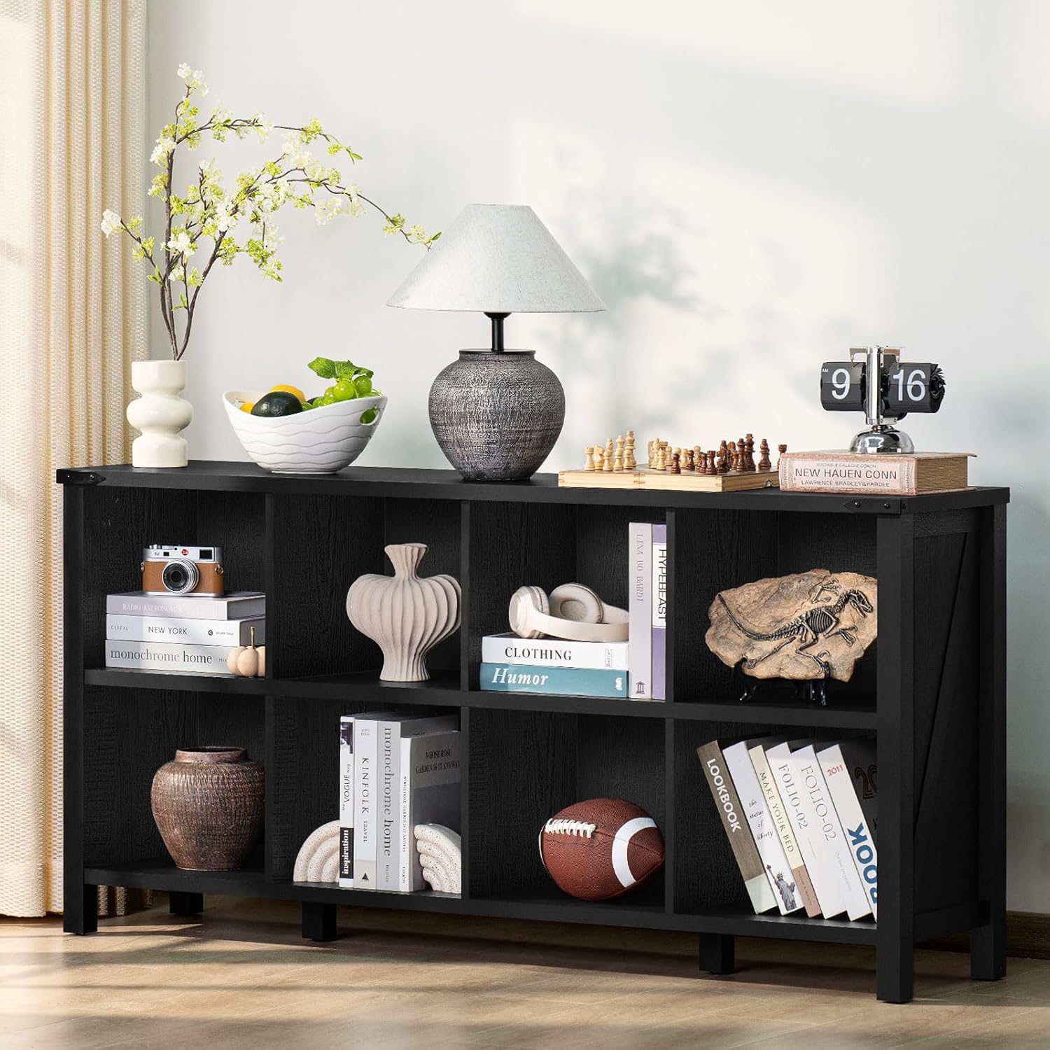 2-2 8 Cube Book Shelf, Farmhouse Wood Long Storage Organizer Bookcase, 62" Horizontal Black Console Closet Bookshelf, Hallway TV Stand for Entryway, Display Cabinet Book Case for Living Room