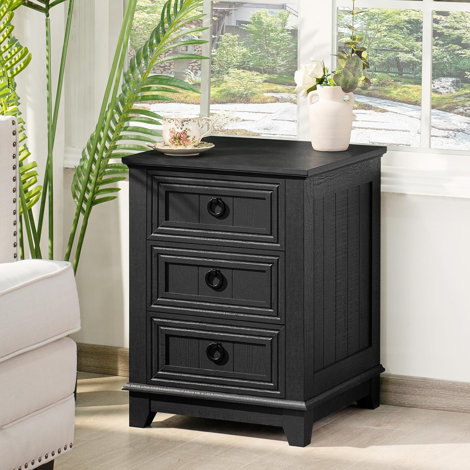 18" Farmhouse Night Stands Set of 2 with 3 Drawers, Wood Bedside End Table, Natural Nightstand, Bed Side Table Cabinet with Metal Handle for Bedroom Living Room, Closet