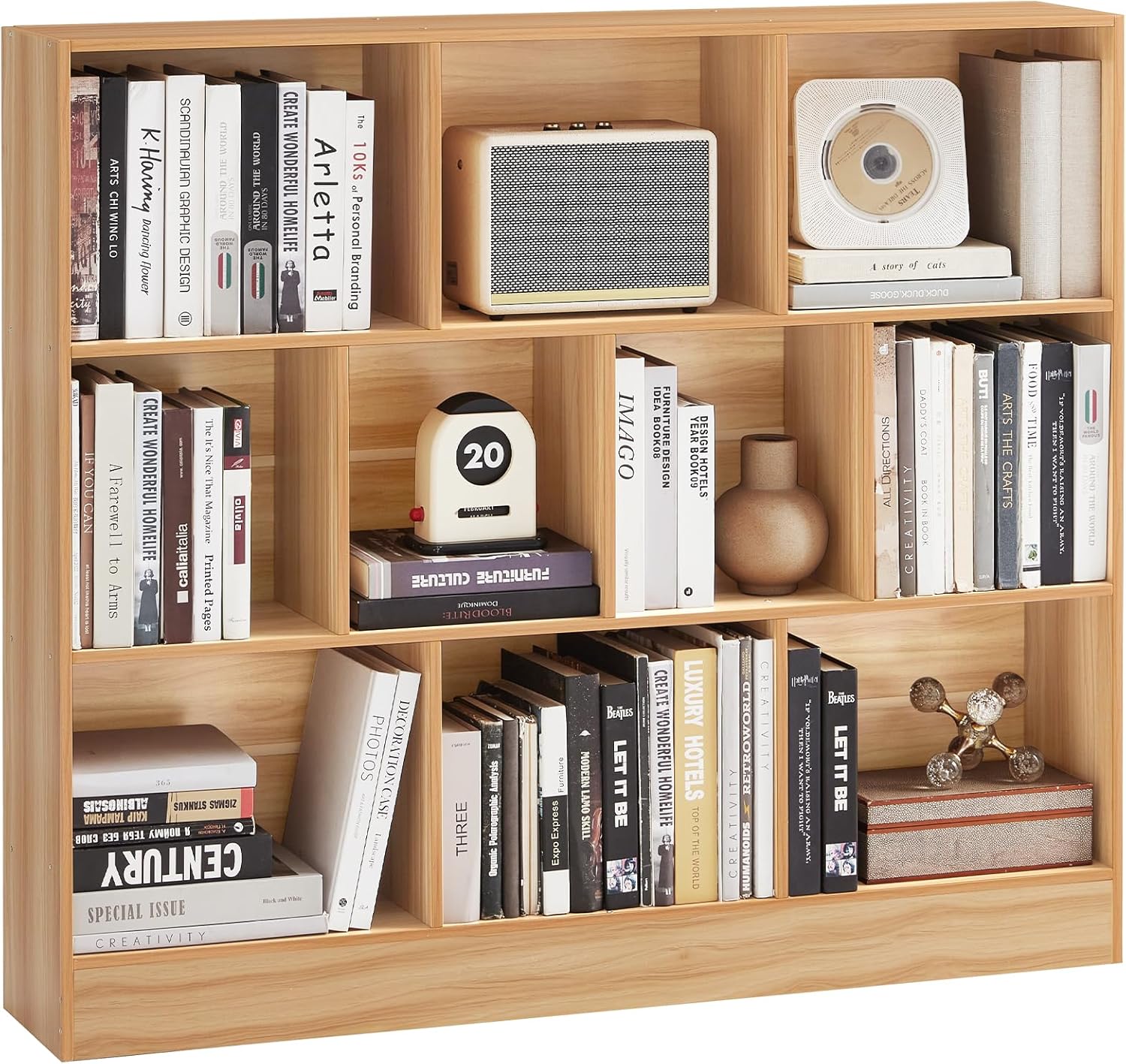 0 Cube Bookshelf with Base,3 Tier Mid-Century Modern Grey Bookcase,Standing Wide Bookshelves Storage Organizer Shelf,Rustic Wood Display Cabinet Book Shelves for Bedroom,Living Room,Office