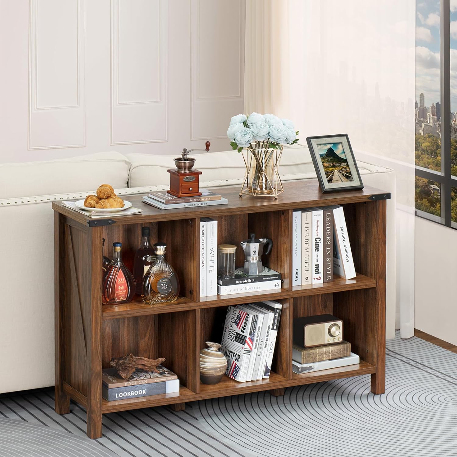 1-3 Farmhouse 6 Cube Book Shelf, Wood 3 Tier Storage Organizer Bookshelf, Brown Walnut 47" Horizontal Cubby Bookcase with Legs, Rustic Entryway Book Case, Long Display Cabinet for Bedroom, Office