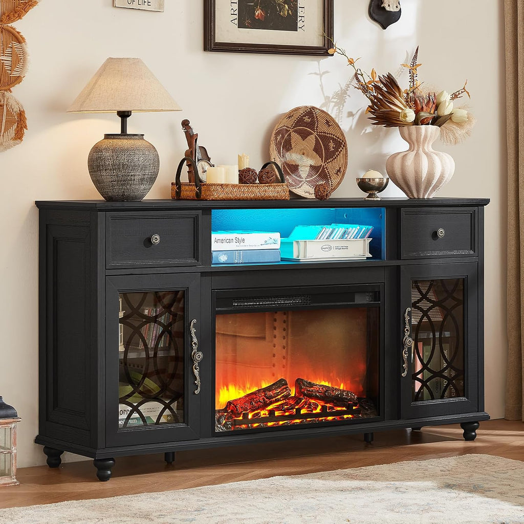 Farmhouse Fireplace TV Stand, 59" Entertainment Center with Electric Fireplace & LED Lights for TVs up to 65'', Glass Door Fire Place TV Stands for Living Room, Media Console w/Drawers