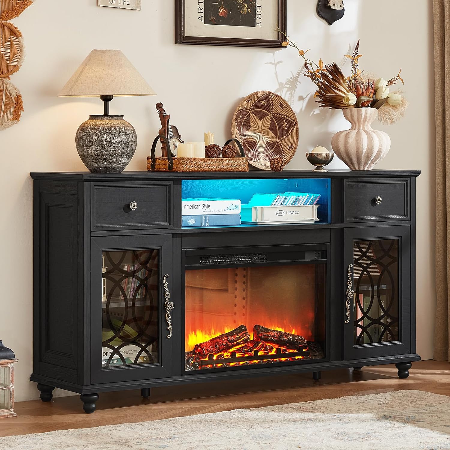 Farmhouse Fireplace TV Stand, 59" Entertainment Center with Electric Fireplace & LED Lights for TVs up to 65'', Glass Door Fire Place TV Stands for Living Room, Media Console w/Drawers