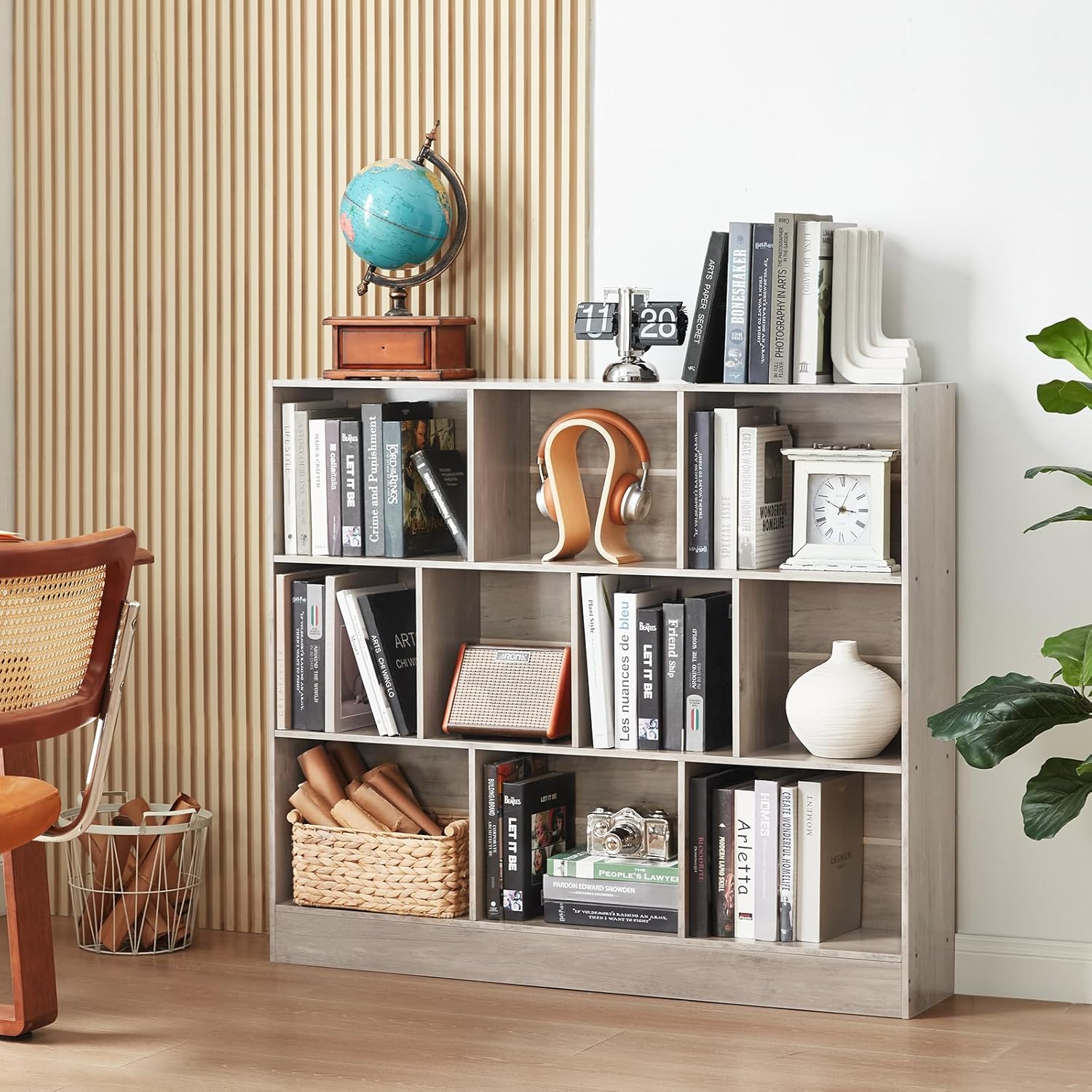 0 Cube Bookshelf with Base,3 Tier Mid-Century Modern Grey Bookcase,Standing Wide Bookshelves Storage Organizer Shelf,Rustic Wood Display Cabinet Book Shelves for Bedroom,Living Room,Office