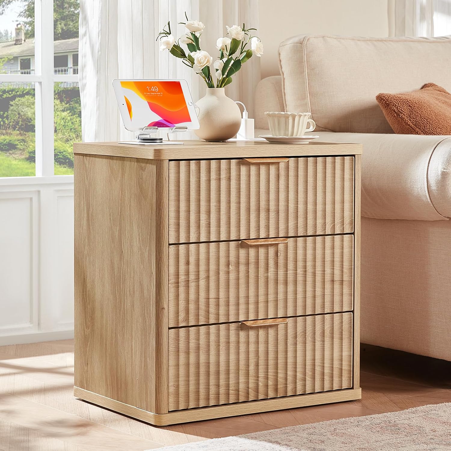 23" Wide Fluted Night Stand with Charging Station, 3 Drawers Large End Table with Storage,Nightstand Wood Bedside Tables, Farmhouse Cabinet Dresser for Bedroom,Closet