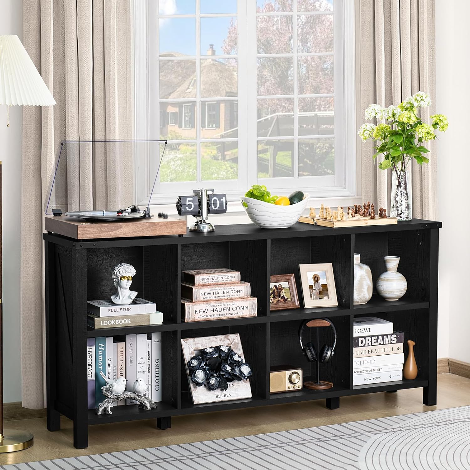 2-2 8 Cube Book Shelf, Farmhouse Wood Long Storage Organizer Bookcase, 62" Horizontal Black Console Closet Bookshelf, Hallway TV Stand for Entryway, Display Cabinet Book Case for Living Room