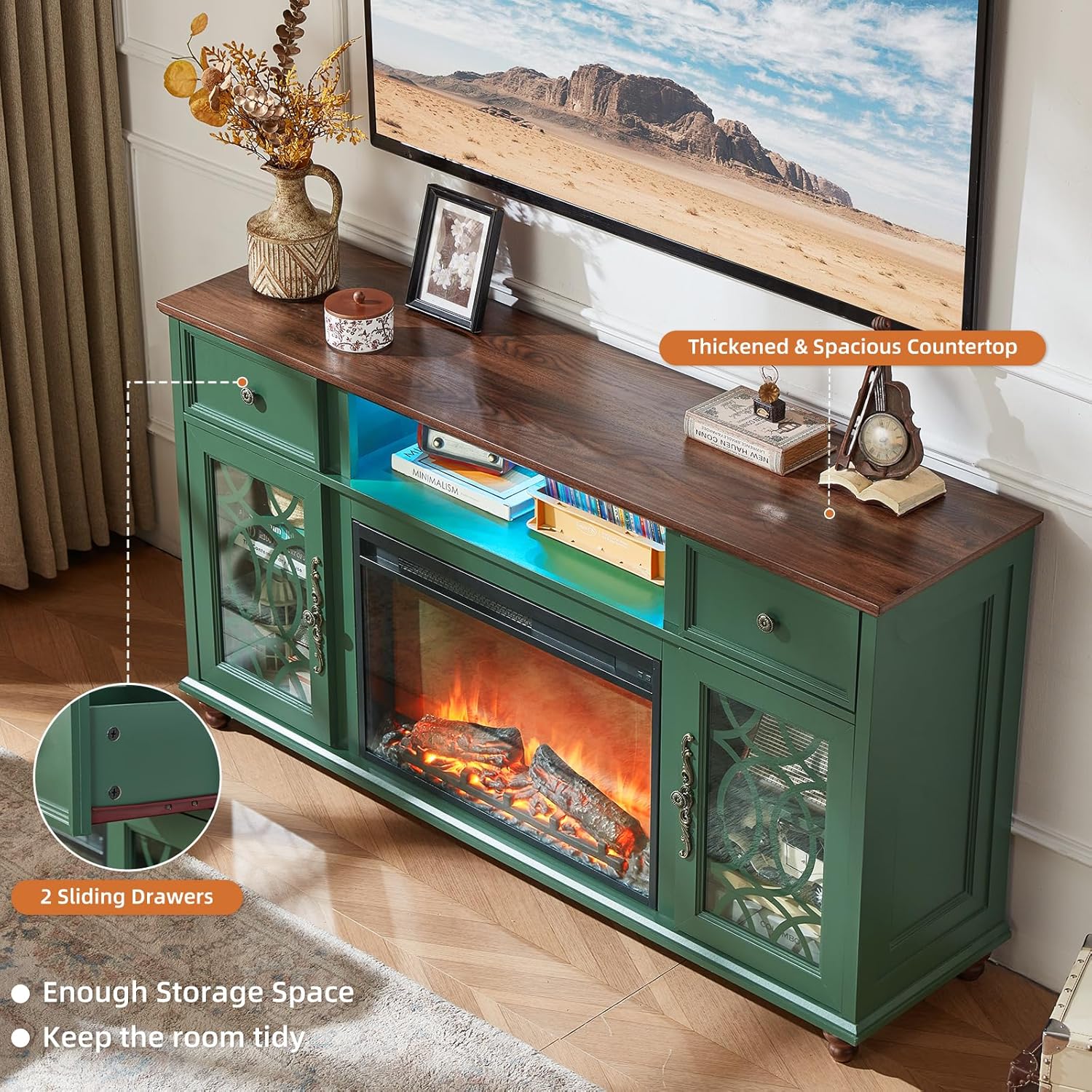 Farmhouse Fireplace TV Stand, 59" Entertainment Center with Electric Fireplace & LED Lights for TVs up to 65'', Glass Door Fire Place TV Stands for Living Room, Media Console w/Drawers,Green