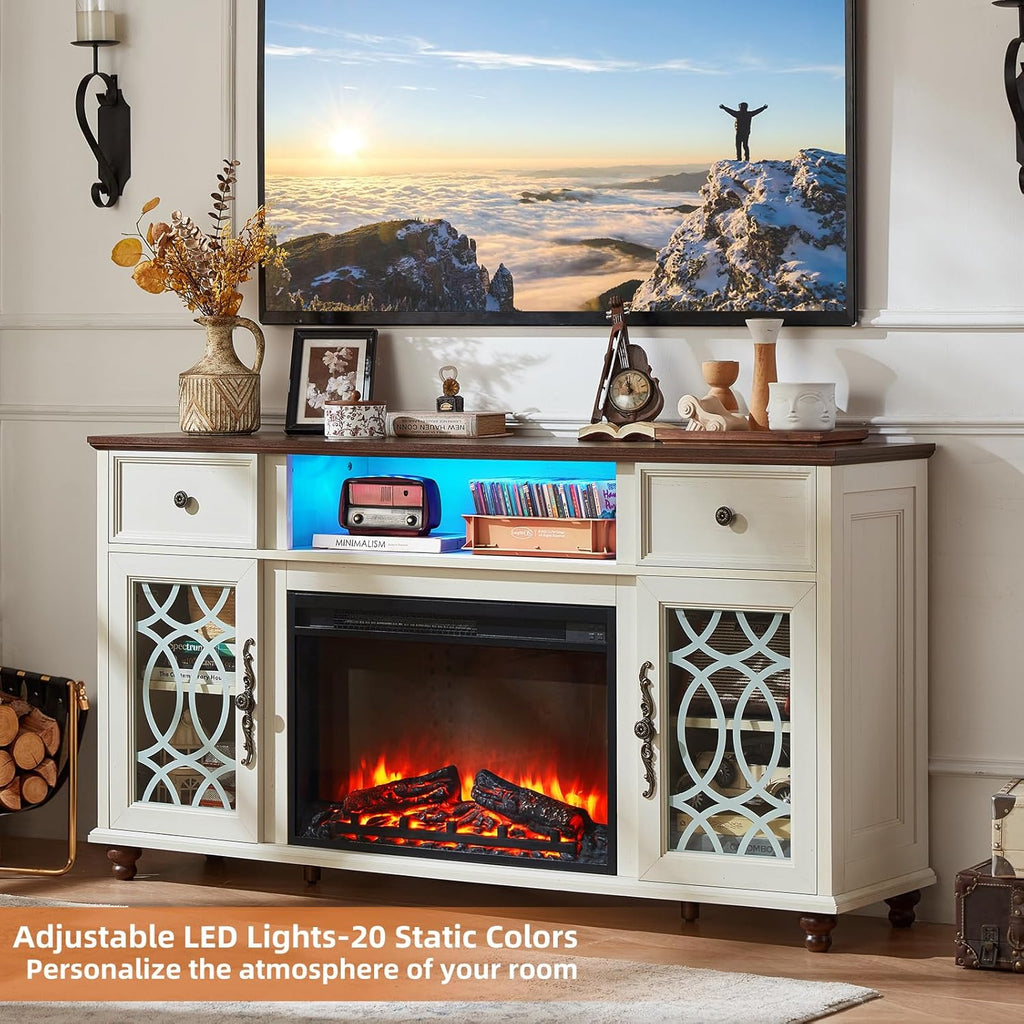 Farmhouse White Fireplace TV Stand, 59" Entertainment Center with Electric Fireplace & LED Lights for TVs up to 65'', Glass Door Fire Place TV Stands for Living Room, Media Console w/Drawers
