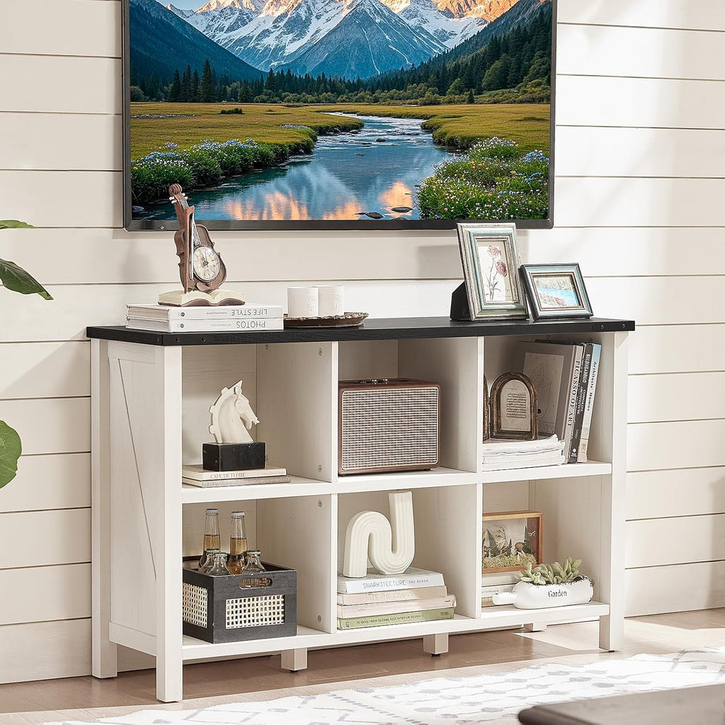 1-5 Farmhouse 6 Cube Bookshelf, Antique White & Black Wooden Storage Organizer Book Shelf, 47" Cubby Hallway Bookcase, Kids Toy Storage Cabinet, Modern Open Book Case for Living Room, Playroom