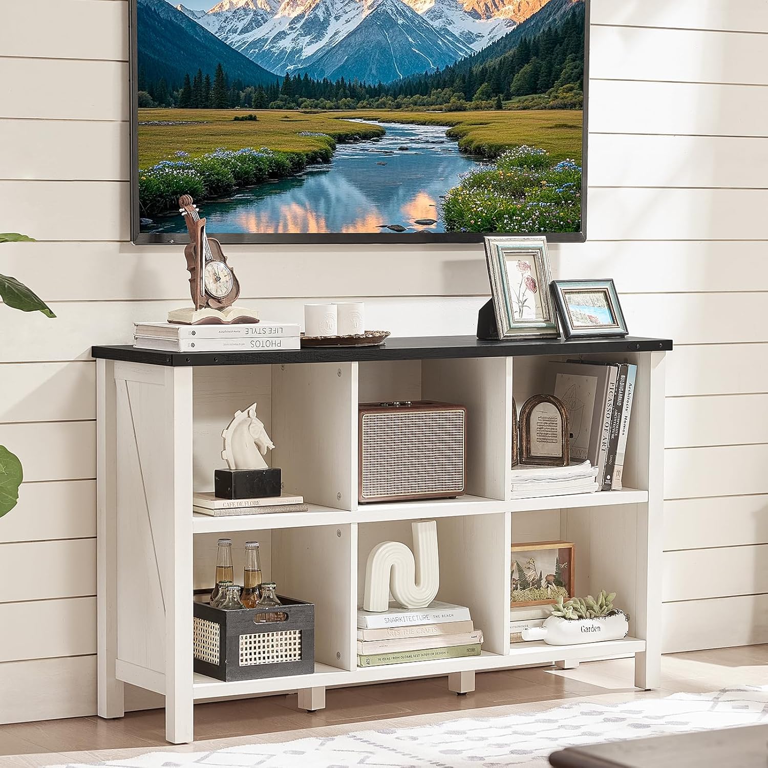 1-5 Farmhouse 6 Cube Bookshelf, Antique White & Black Wooden Storage Organizer Book Shelf, 47" Cubby Hallway Bookcase, Kids Toy Storage Cabinet, Modern Open Book Case for Living Room, Playroom