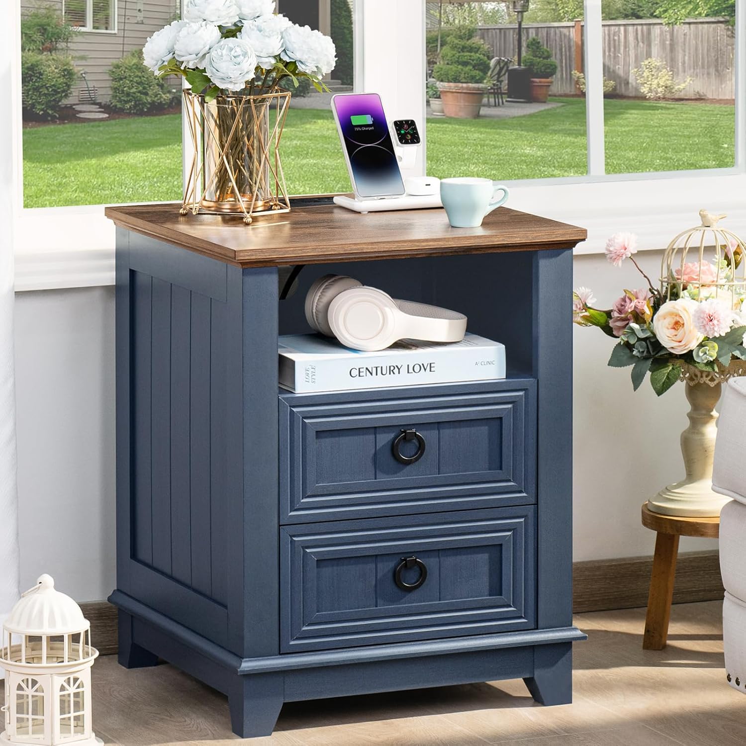 18" Farmhouse Night Stand with Charging Station, 2 Drawers End Table Dresser for Bedroom, Black Wooden Nightstand, Bed Side Table with Open Shelf, Bedside Cabinet for Living Room, Closet