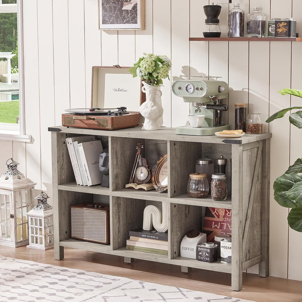 1-4 Farmhouse 6 Cube Bookshelf, Rustic Grey Oak Wooden Storage Organizer Book Shelf, 47 Inch Cubby Hallway Bookcase, Kids Toy Storage Cabinet, Modern Open Book Case for Living Room, Hallway