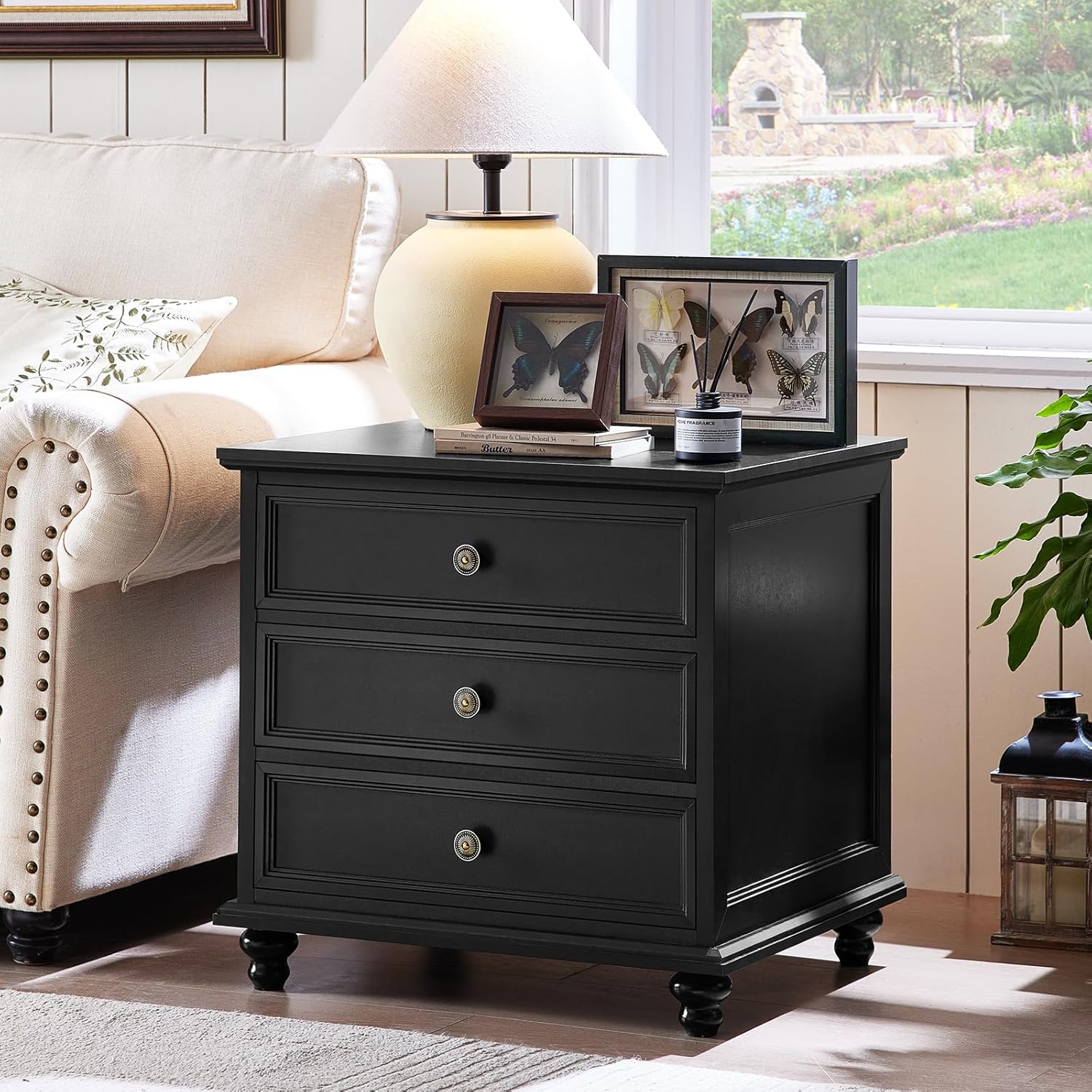 24" Wide Farmhouse Night Stand,Large End Table with 3 Drawers & Metal Handle,Dresser for Bedroom, Wood Bed Side Table Chest of Drawers Cabinet, Retro Brown Nightstand for Living Room,Closet