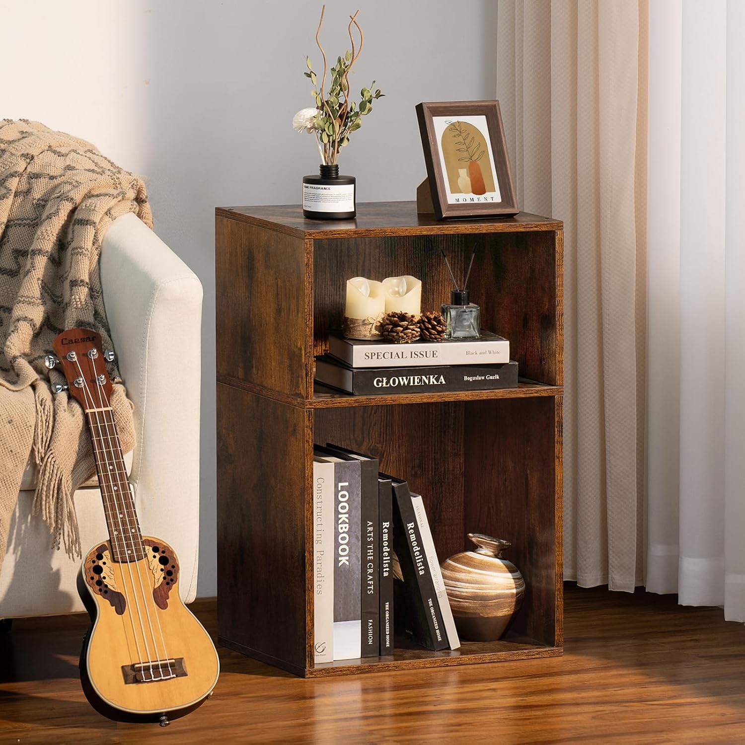 2 Cube Bookshelf,Brown Record Player Stand Holds up to 100 Albums, Mini Wood Book Shelf Storage Organizer,Turntable Stand with Vinyl Storage Cabinet, Narrow Open Bookcase for Small Spaces
