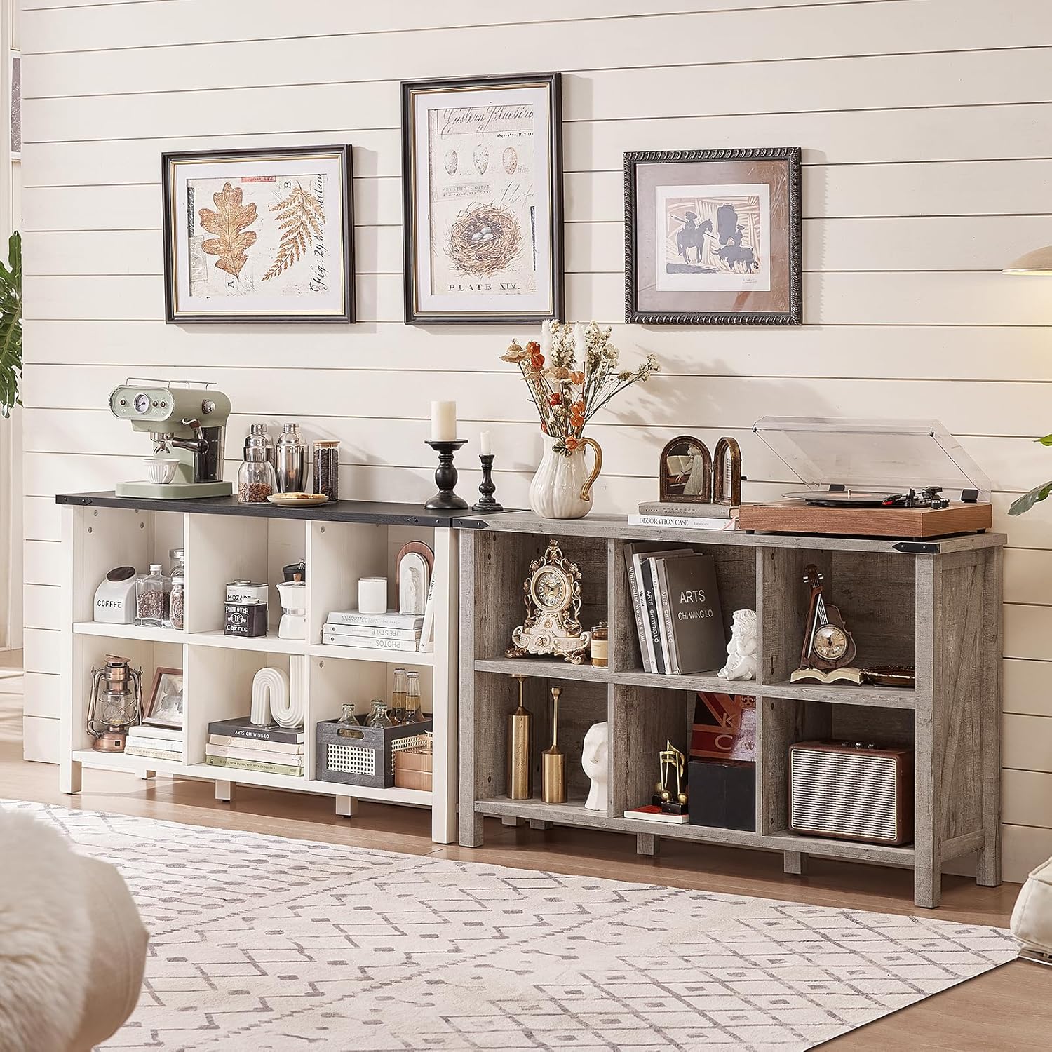 1-5 Farmhouse 6 Cube Bookshelf, Antique White & Black Wooden Storage Organizer Book Shelf, 47" Cubby Hallway Bookcase, Kids Toy Storage Cabinet, Modern Open Book Case for Living Room, Playroom