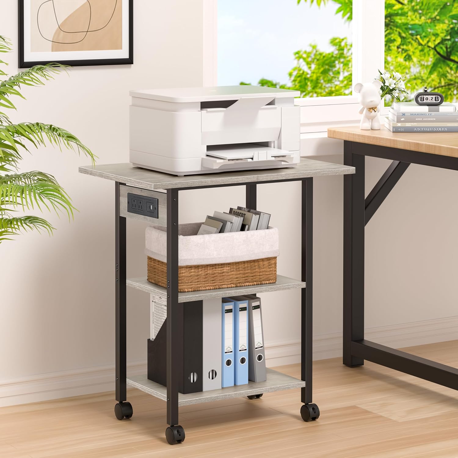 3-Tier Printer Stand with Charging Station, Industrial Mobile Printer Table with Storage Shelf and Steel Frame, Rolling Printer Cart Holder with Lockable Wheels for Home, Office