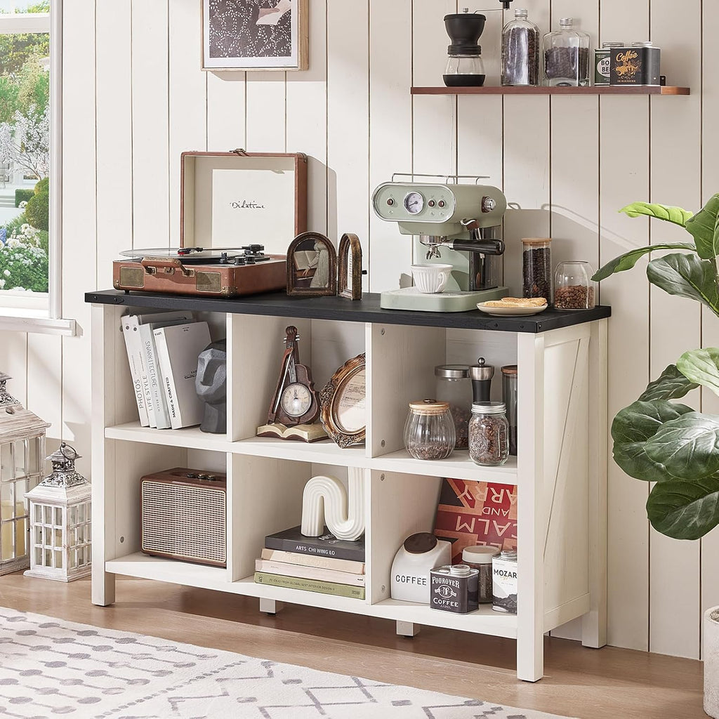 1-5 Farmhouse 6 Cube Bookshelf, Antique White & Black Wooden Storage Organizer Book Shelf, 47" Cubby Hallway Bookcase, Kids Toy Storage Cabinet, Modern Open Book Case for Living Room, Playroom