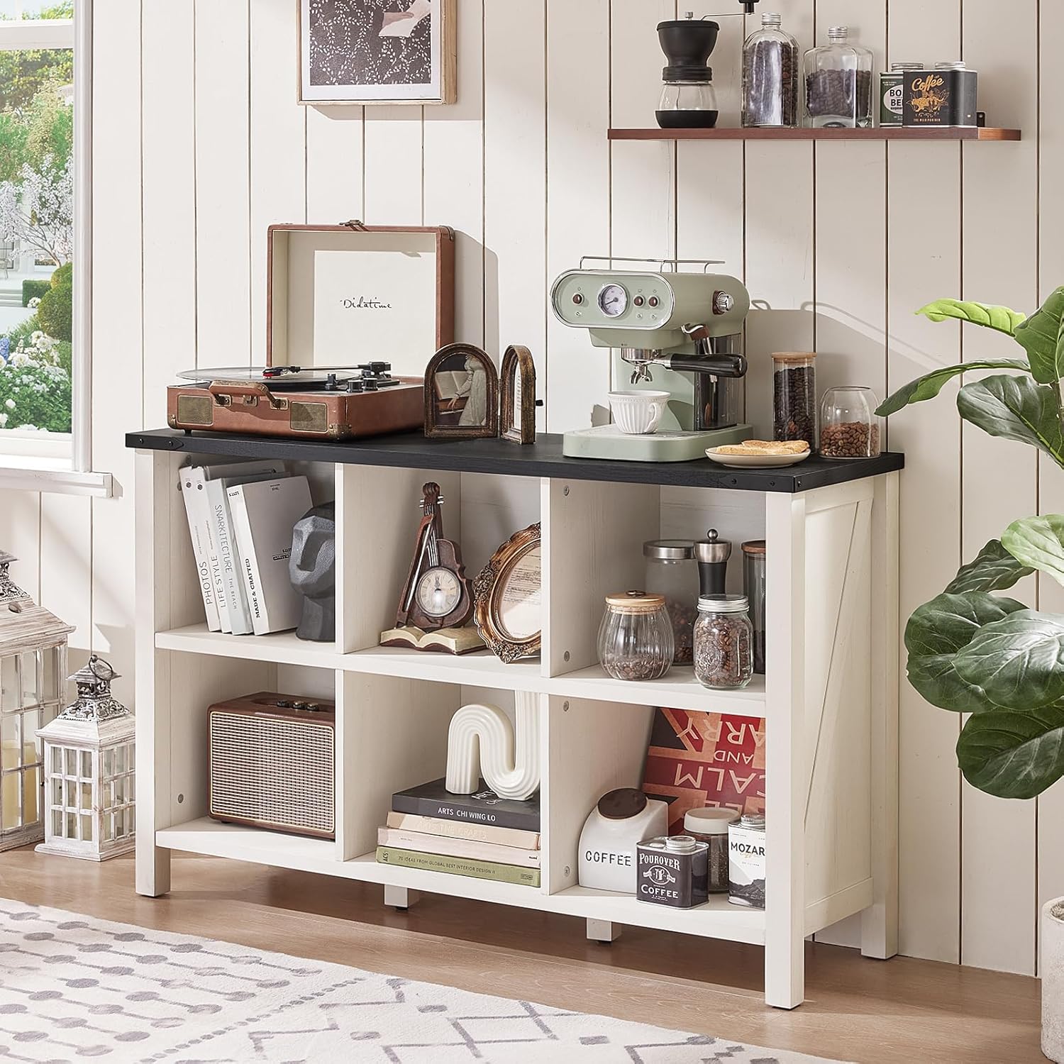 1-5 Farmhouse 6 Cube Bookshelf, Antique White & Black Wooden Storage Organizer Book Shelf, 47" Cubby Hallway Bookcase, Kids Toy Storage Cabinet, Modern Open Book Case for Living Room, Playroom