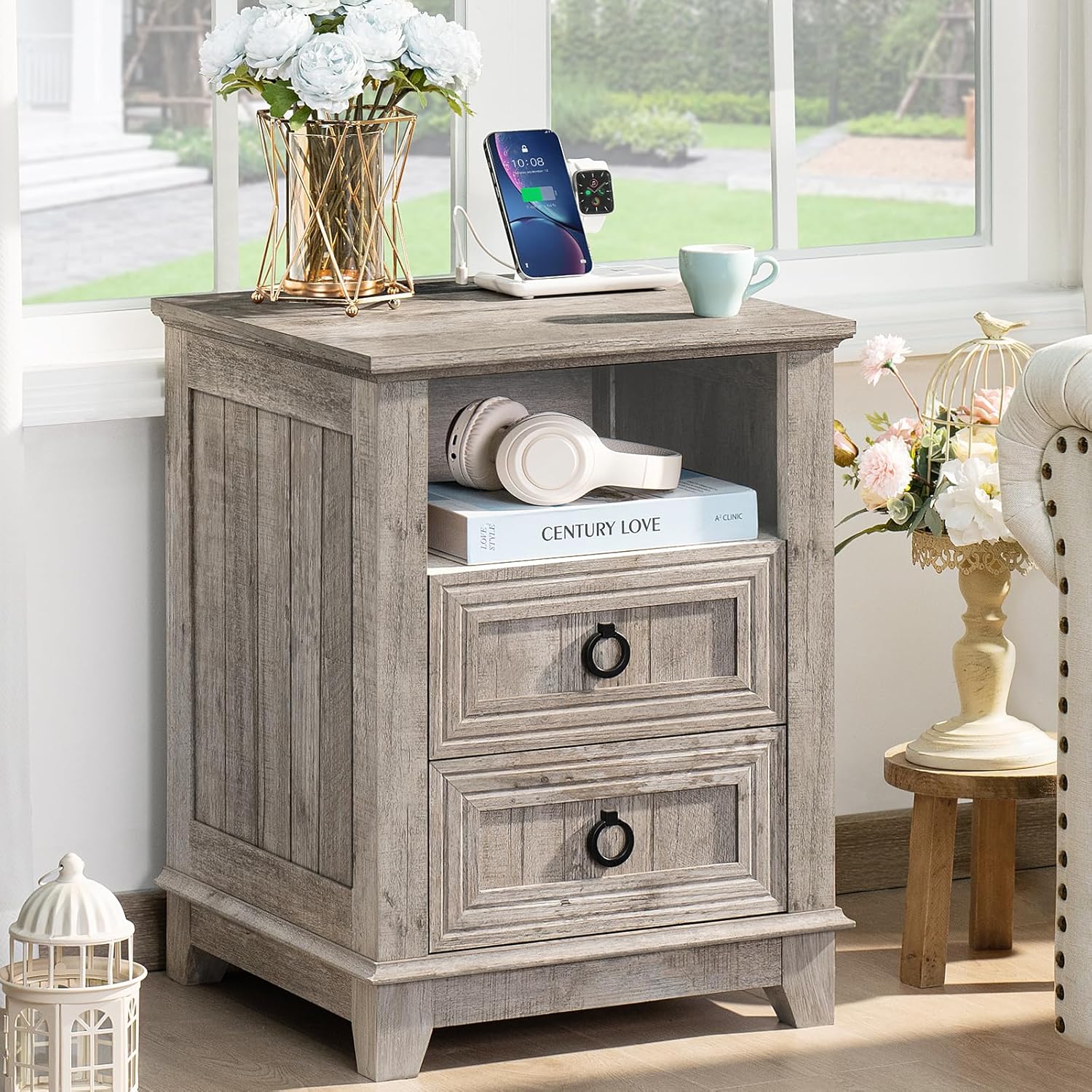 18" Farmhouse Night Stand with Charging Station, 2 Drawers End Table Dresser for Bedroom, Black Wooden Nightstand, Bed Side Table with Open Shelf, Bedside Cabinet for Living Room, Closet