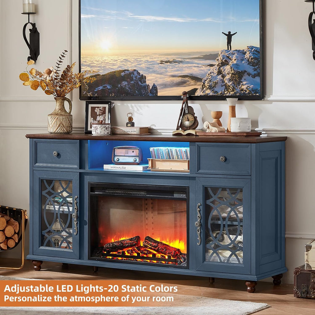 Farmhouse Fireplace TV Stand, 59" Entertainment Center with Electric Fireplace & LED Lights for TVs up to 65'', Glass Door Fire Place TV Stands for Living Room, Media Console w/Drawers, Blue