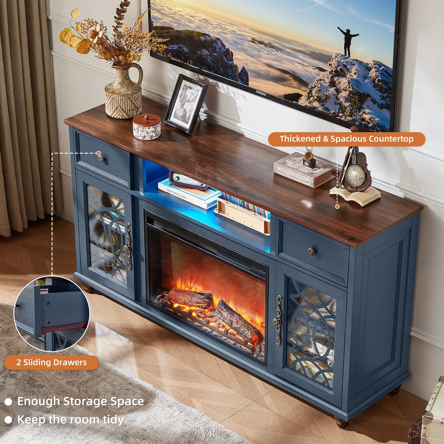Farmhouse Fireplace TV Stand, 59" Entertainment Center with Electric Fireplace & LED Lights for TVs up to 65'', Glass Door Fire Place TV Stands for Living Room, Media Console w/Drawers, Blue