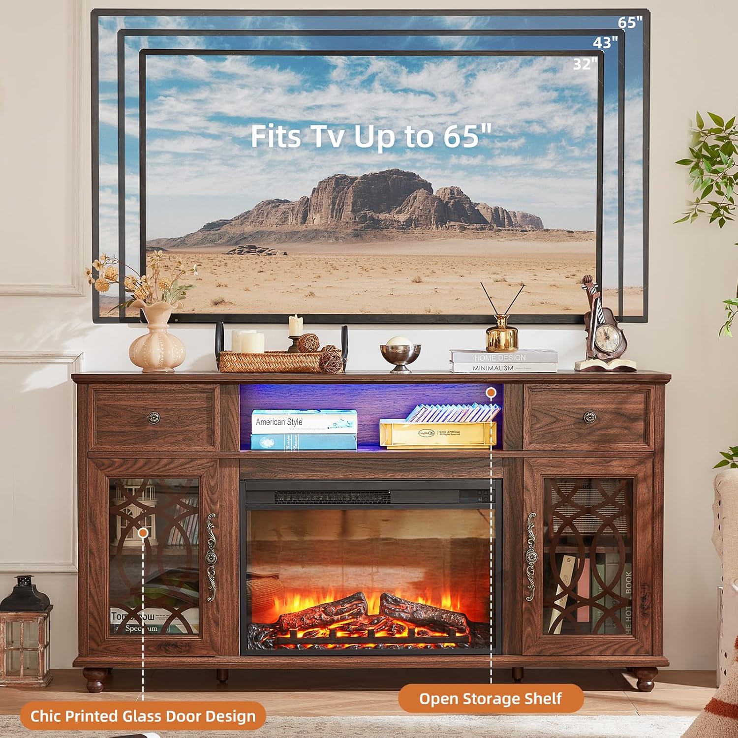 Farmhouse Fireplace TV Stand, 59" Entertainment Center with Electric Fireplace & LED Lights for TVs up to 65'', Glass Door Fire Place TV Stands for Living Room, Media Console w/Drawers,Brown
