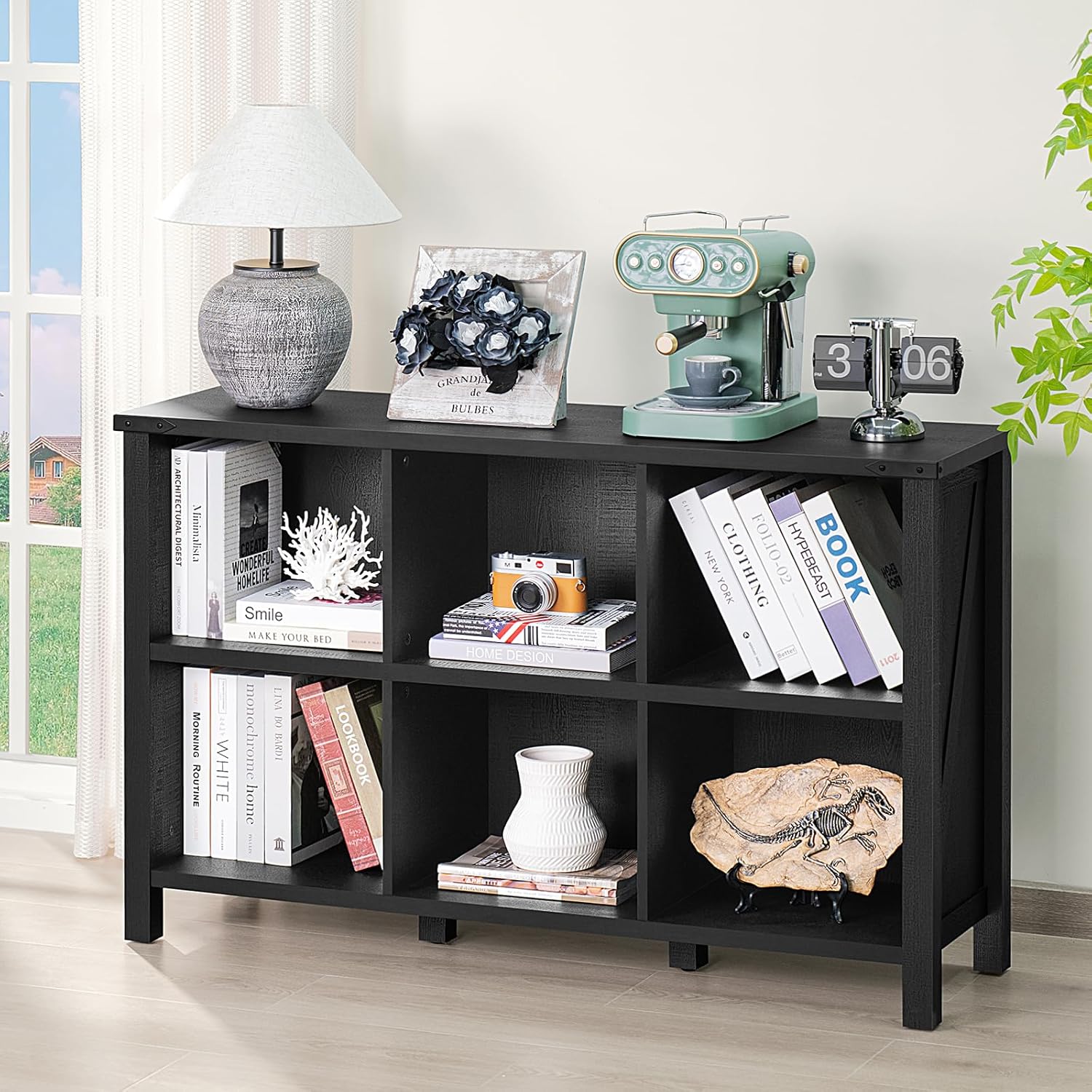 1-2 6 Cube Bookcase, Farmhouse Wood Low Storage Organizer Book Shelf, Black 47" Horizontal Console Bookshelf with Legs, Hallway Book Case for Entryway, Display Cabinet for Living Room, Office